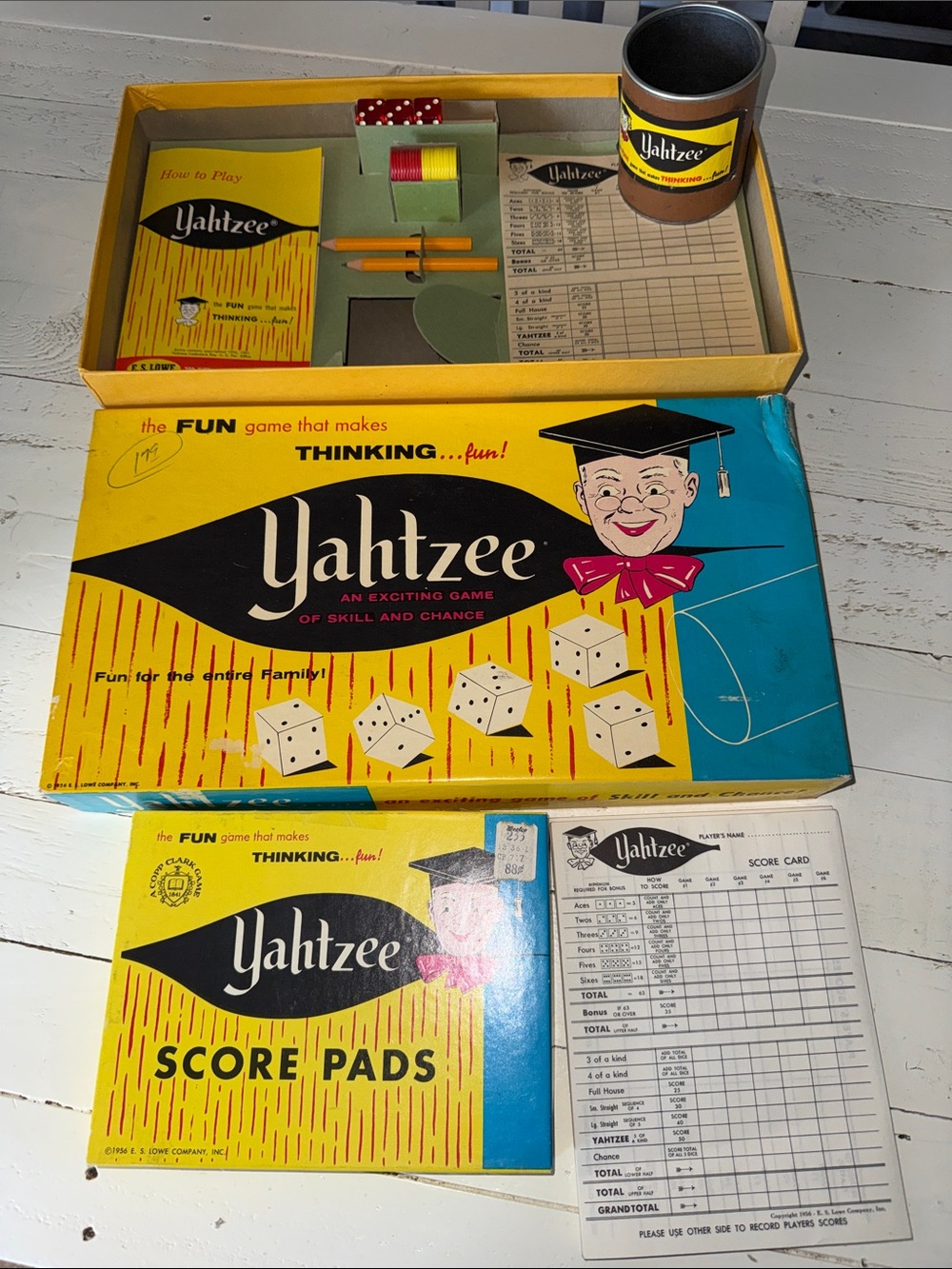 vintage 1956 Yahtzee board game manufactured by the E.S. Lowe Company like new